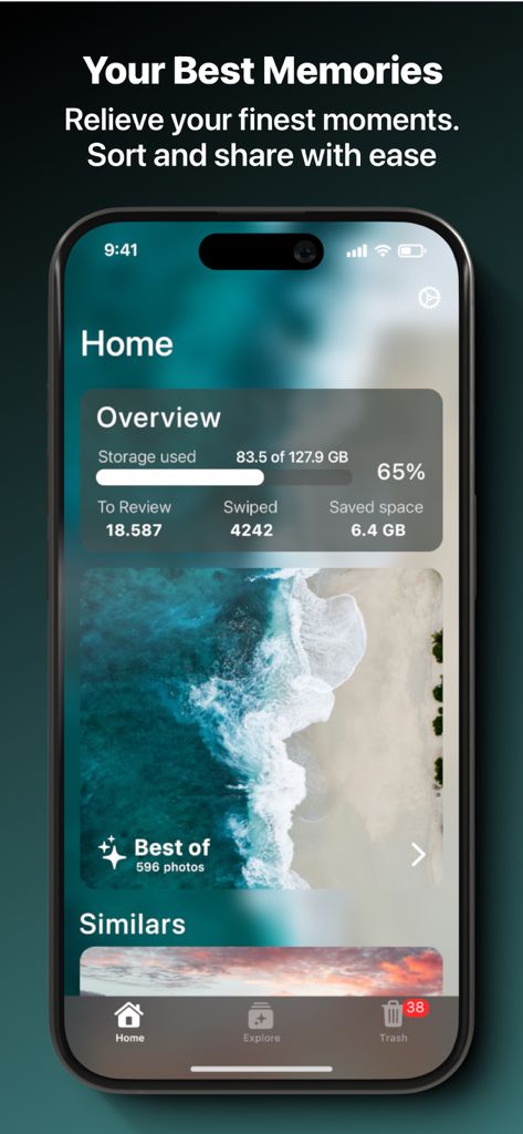 Free Up Storage: SwAipe - The home screen of the SwAipe app showing a storage usage dashboard and an AI-curated Best of photo album.