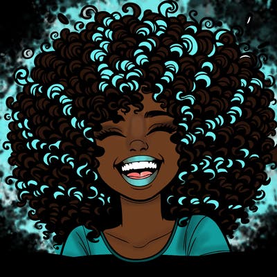 realistic girl with super curly hair laughing