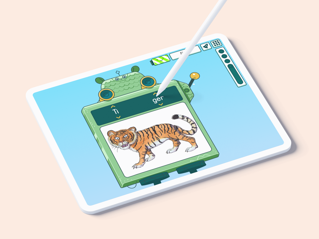 iPad displaying the appolino educational app writing exercise with a tiger illustration