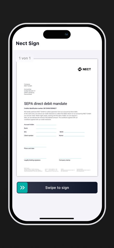 Nect Wallet - Interfaccia dell'app Nect Wallet che mostra la funzione Nect Sign con un mandato SEPA e un pulsante scorri per firmare