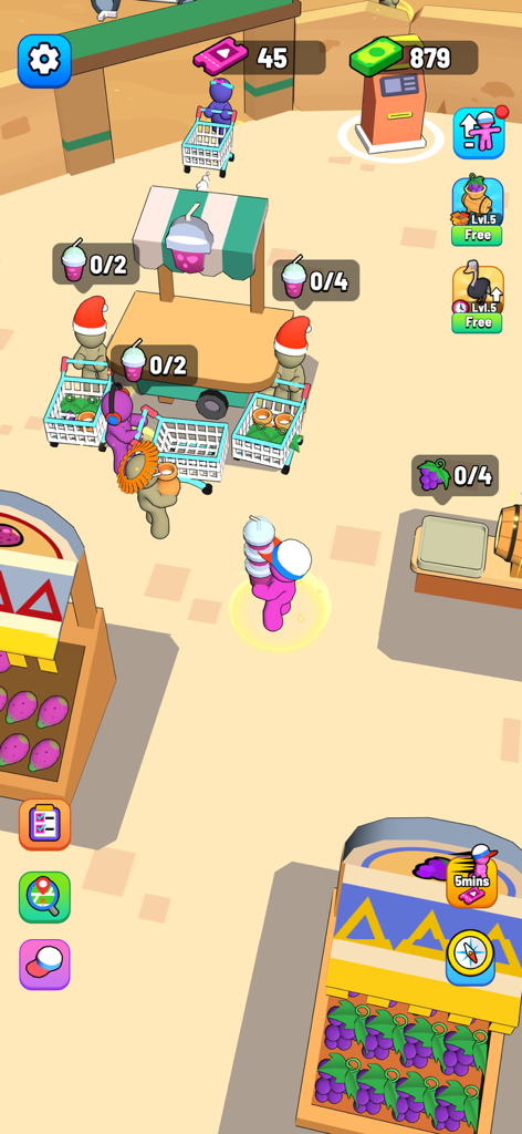 A character carrying a stack of smoothies to restock a shop stand in My Mini Mart