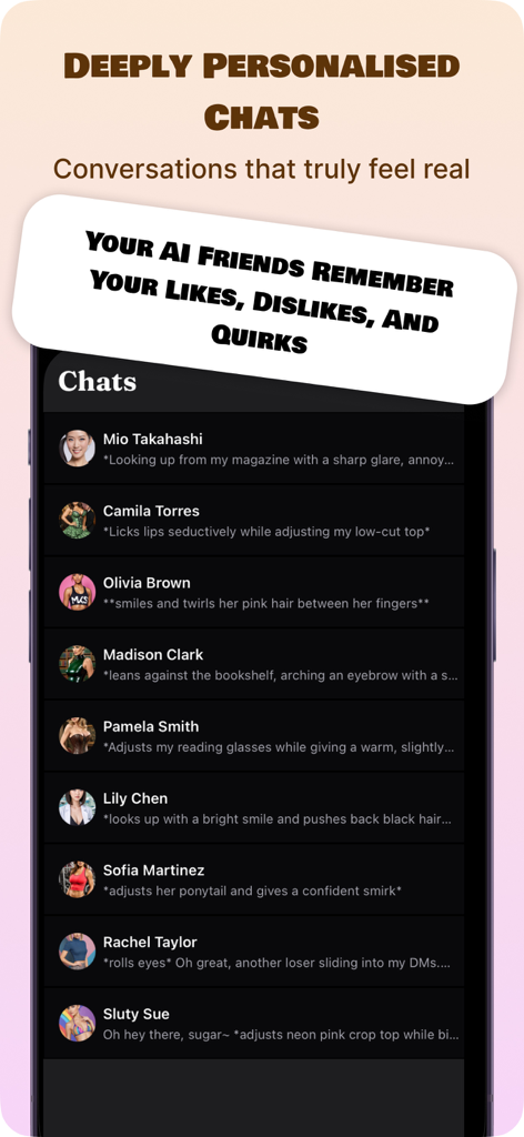 FunFun AI: AI Chat & Roleplay - Pantalla de smartphone que muestra una lista de diversos personajes de IA para chats de rol personalizados en la aplicación FunFun AI.