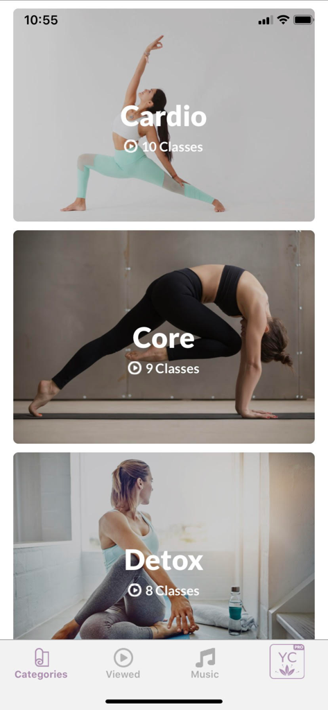 Yoga Time: For Beginners & All - Mobile app screen showing various yoga categories including Cardio, Core, and Detox classes with preview images of poses.