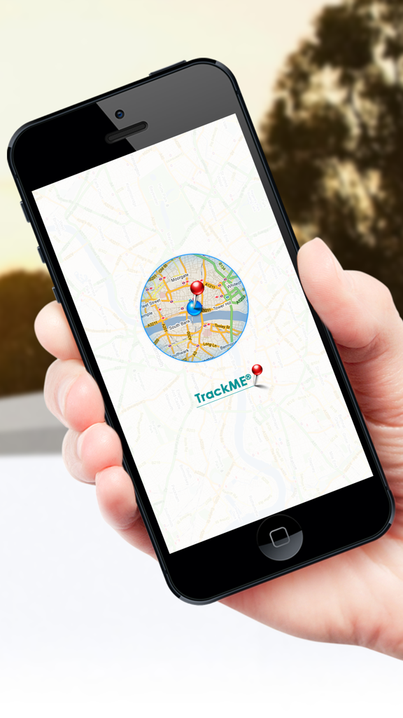 A hand holding an iPhone displaying the TrackMe app with GPS location pins on a map.