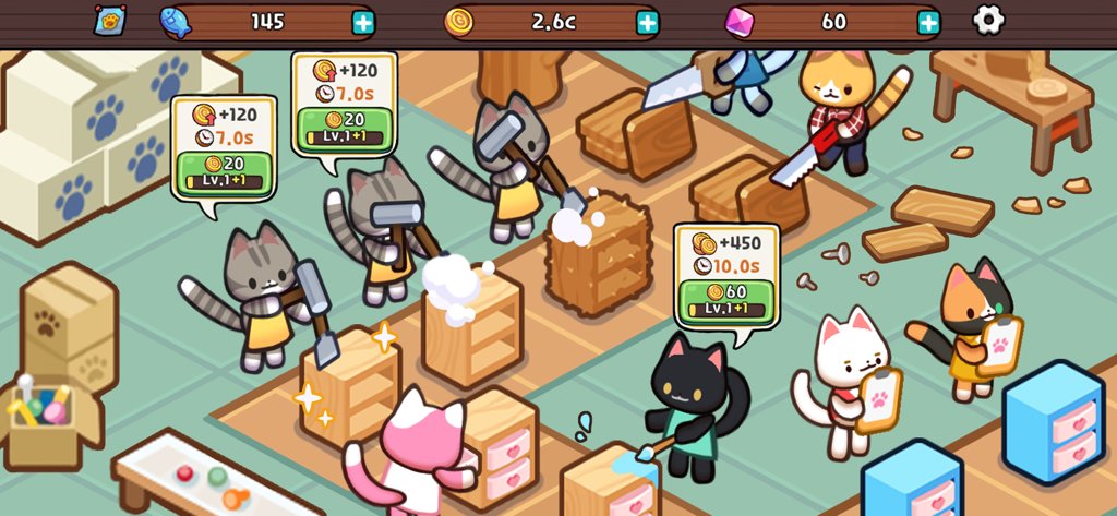 Kitty Cat Tycoon - Cute cats crafting wooden furniture in an idle tycoon game workshop