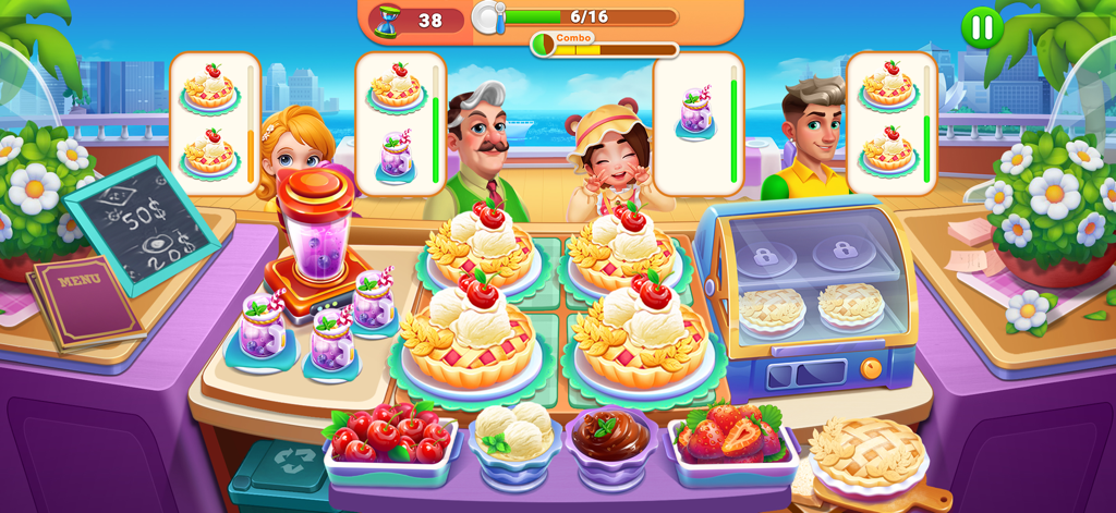 Uma cena de jogabilidade vibrante do Chef Festival onde os jogadores servem tortas de frutas e smoothies para clientes em um restaurante à beira-mar