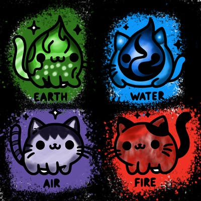 4 cats that represent the different elements, earth, water, air, and fire