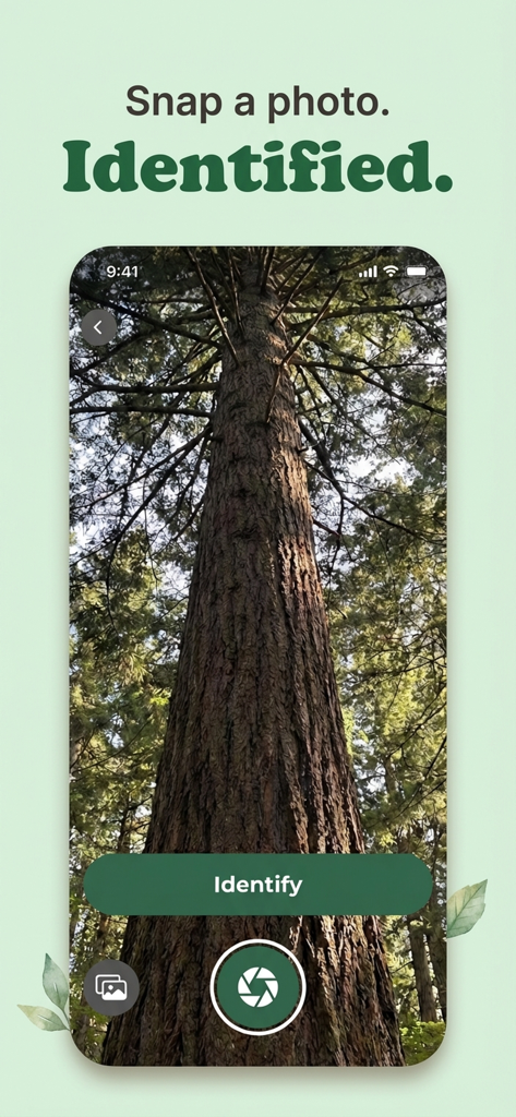 Tree Identifier - Tree ID - Tree ID app interface showing a tall tree and an identify button