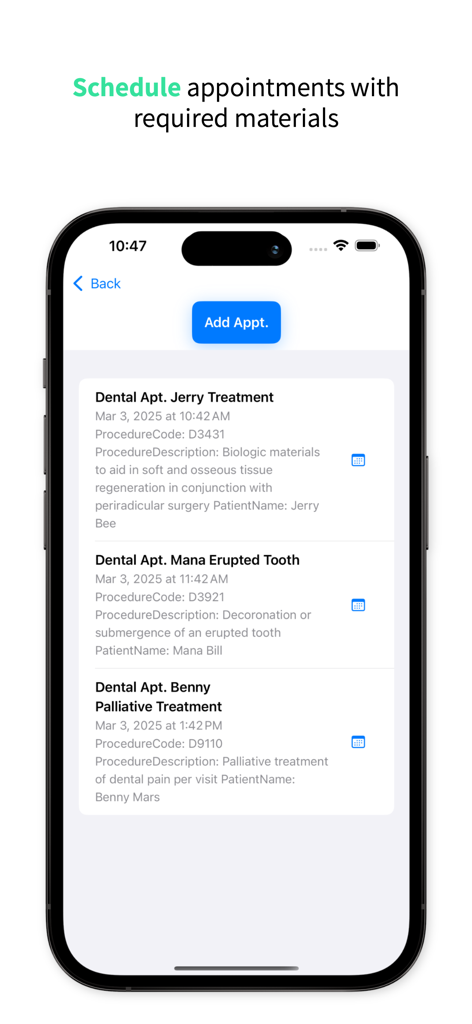 Dental Inventory - Mobile app interface showing a list of dental appointments with procedure codes and treatment descriptions