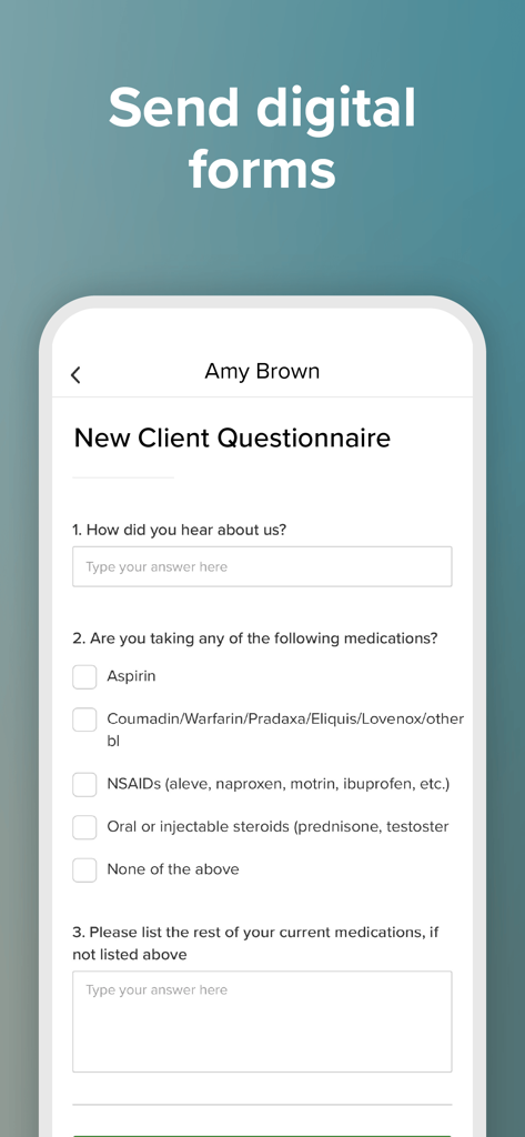 Vagaro Pro mobile app interface showing a digital new client questionnaire with intake questions and checkboxes.