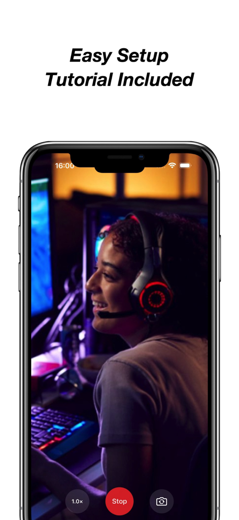 OBS Studio Camera - iPhone-Bildschirm mit der OBS Studio Camera App, einem Streamer-Vorschaufenster und einfacher Einrichtungstext.