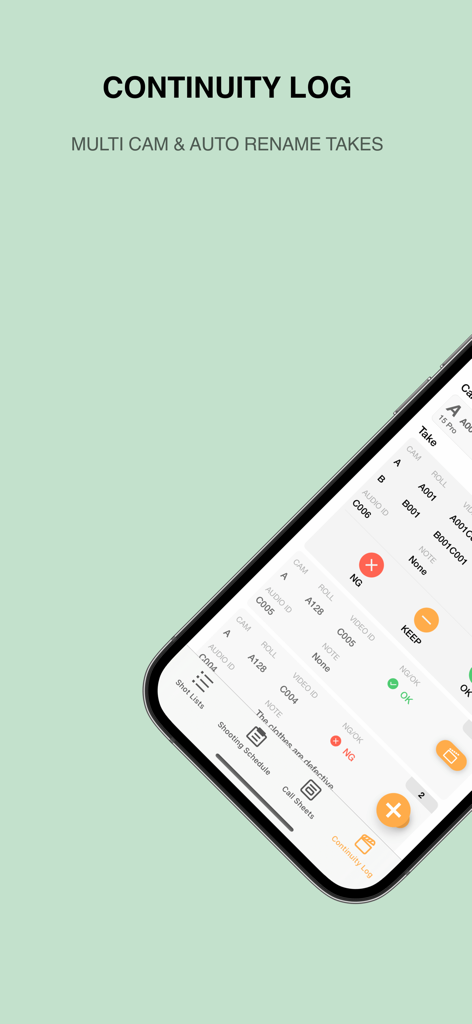 A mobile interface of the Previs Shot app showing a continuity log for managing film takes and camera data.
