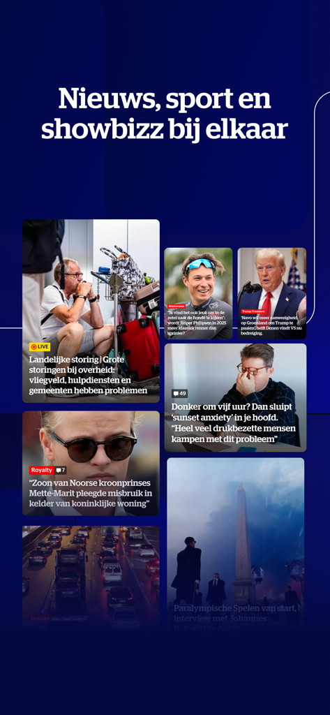 Interfaz de la aplicación de noticias HLN que muestra artículos en idioma holandés para noticias, deportes y espectáculos