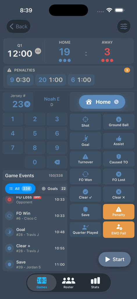 Lacrosse Scorekeeper app interface for tracking live game stats including scores penalties and player actions