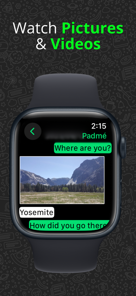 An Apple Watch displaying a chat conversation with a picture of a landscape mountain