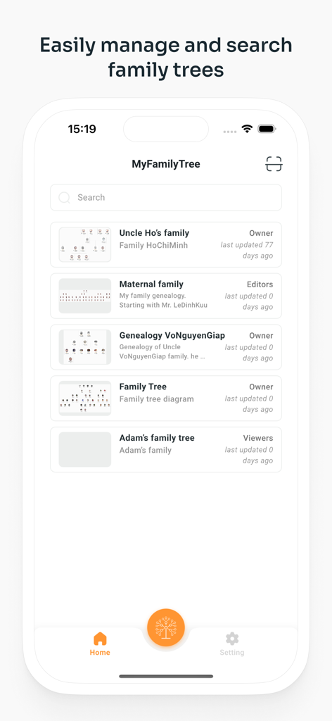 MyFamilyTree: Family History - A mobile interface showing a list of family trees with a search bar and navigation icons