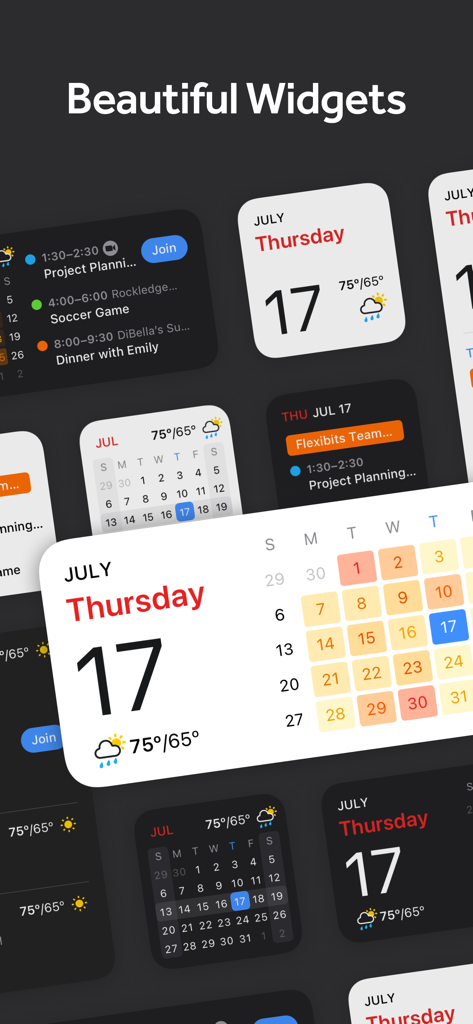 A collection of Fantastical Calendar widgets in light and dark themes showing dates and weather