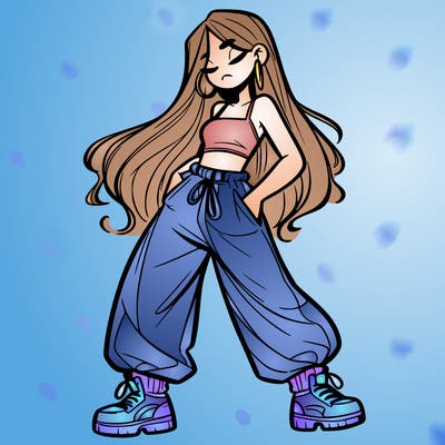 girl in baggy pants crop top and long hair