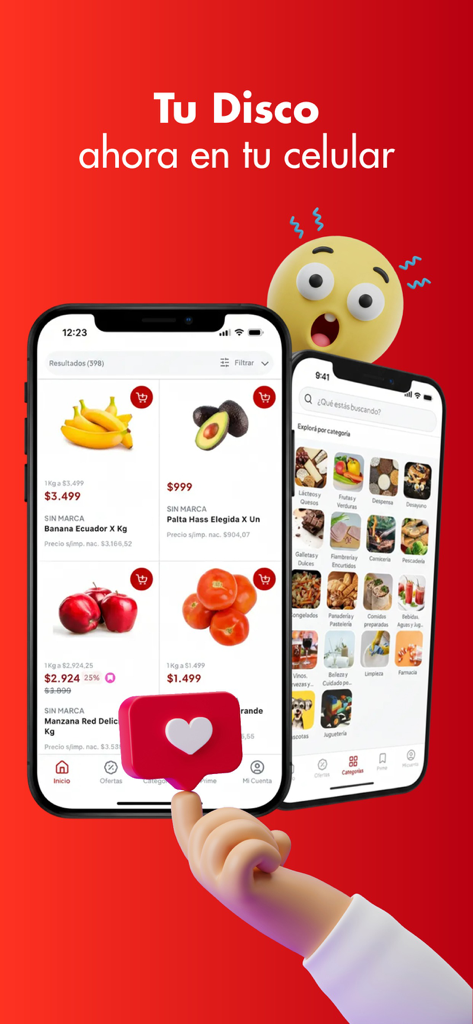 Disco Argentina grocery shopping app interface showing products and categories
