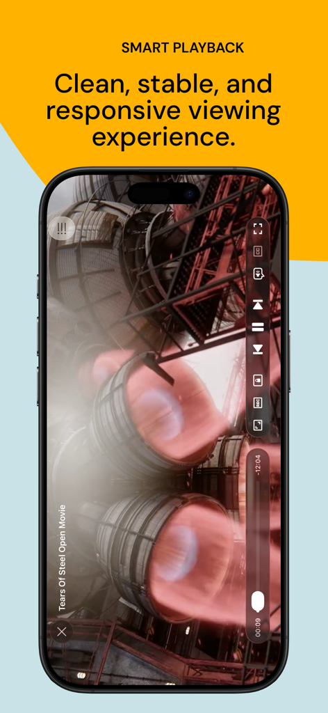 IPTV World video player interface on an iPhone displaying a movie with playback controls and a clean design