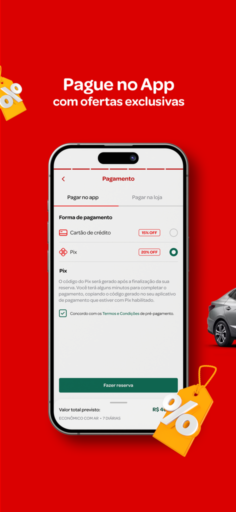 Tela de pagamento do aplicativo de aluguel de carros Foco mostrando descontos exclusivos para reservas móveis.