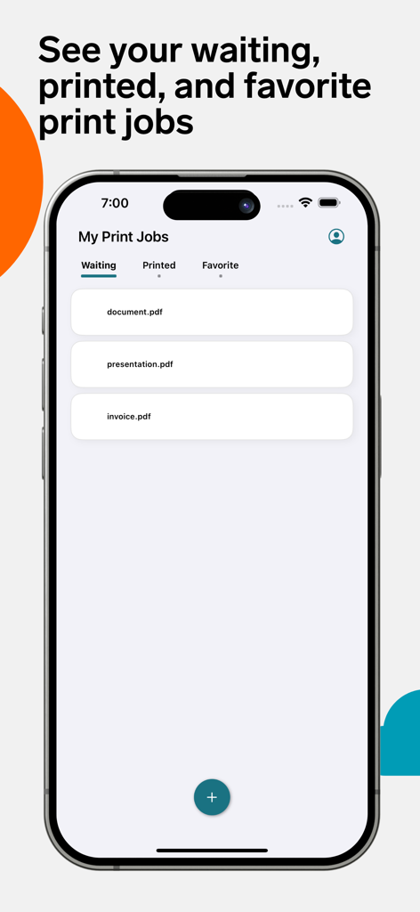 YSoft SAFEQ app screen displaying a list of waiting print jobs on a mobile device