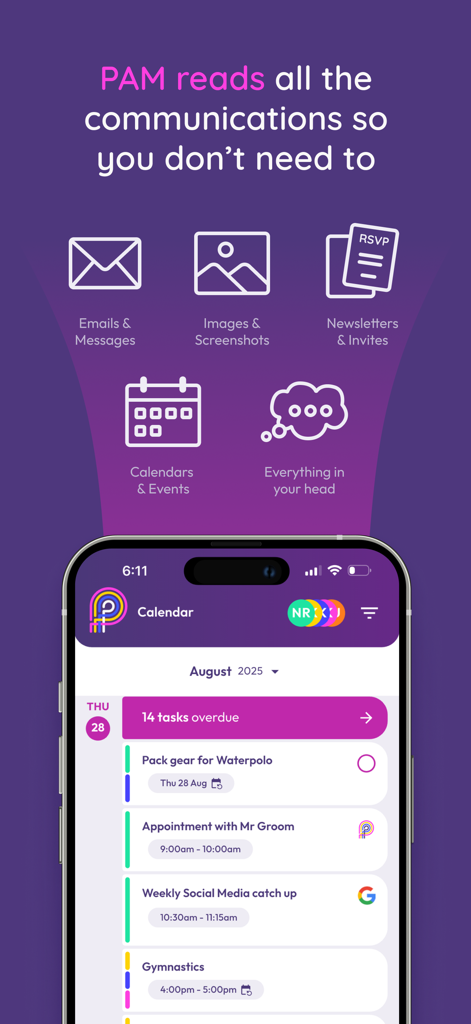 PAM: Smart Family Planner - PAM app interface showing automated family calendar and task list based on external communications