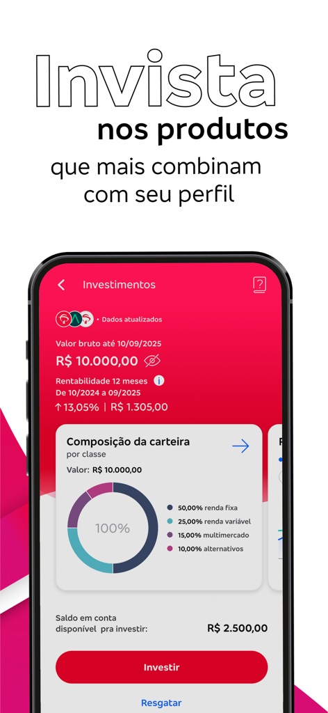 Uma tela móvel do aplicativo Banco Bradesco mostrando um portfólio de investimentos com um gráfico de pizza exibindo a alocação de ativos entre renda fixa e renda variável.
