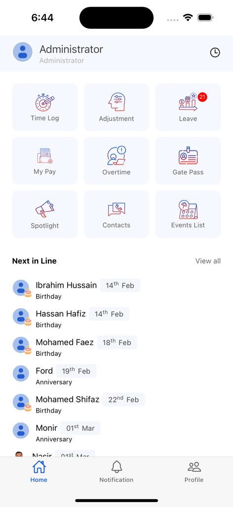 ECM MetricS mobile app interface showing HR tools and employee birthdays