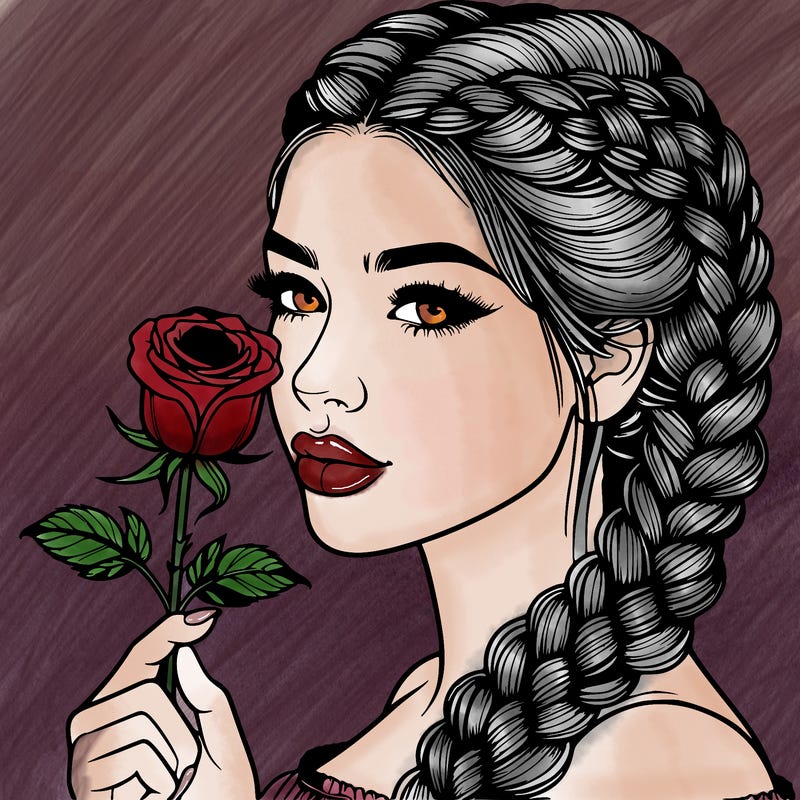 realistic woman with braids holding a single rose