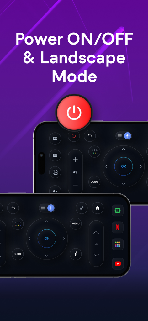 Interface de l'application de télécommande TV Samsung affichée en mode paysage avec un bouton d'alimentation rouge proéminent