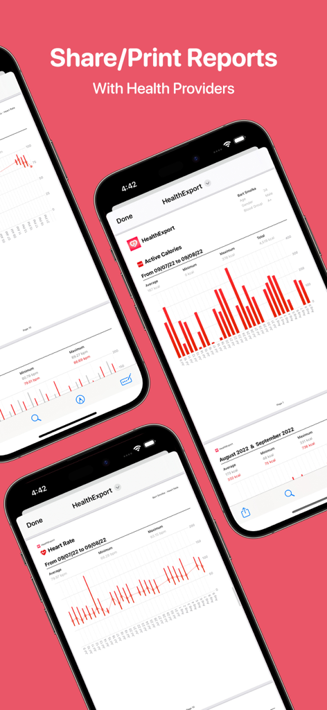 Health App Data Export Tool showing heart rate and active calorie reports for medical providers