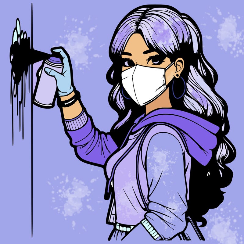 realistic girl with mask spray painting a wall