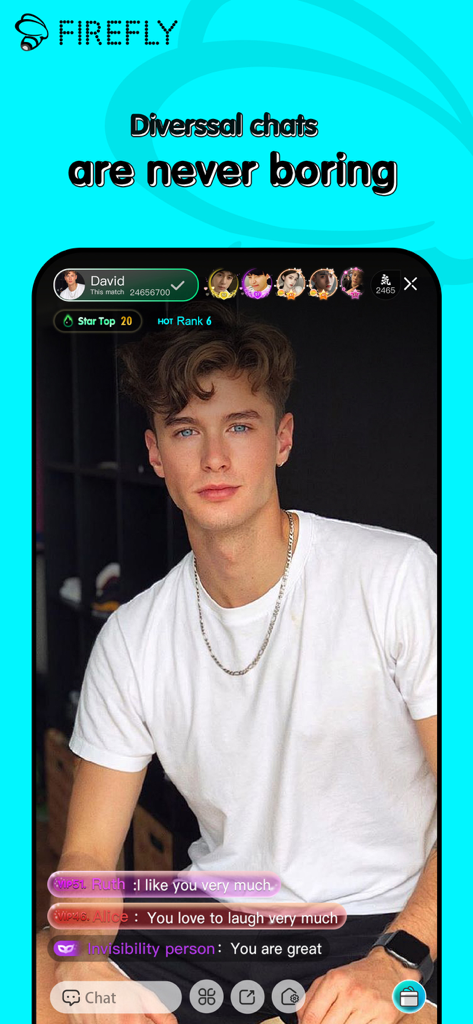 Firefly Live app interface showing a male host live streaming with interactive chat messages