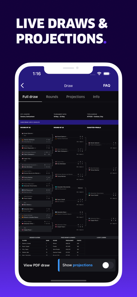 Screenshot of the TNNS app displaying a live tennis tournament draw bracket and match projections.