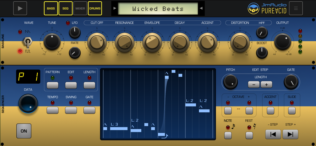 Capture d'écran de l'application musicale Pure Acid montrant les contrôles du synthétiseur de bassline et du séquenceur.