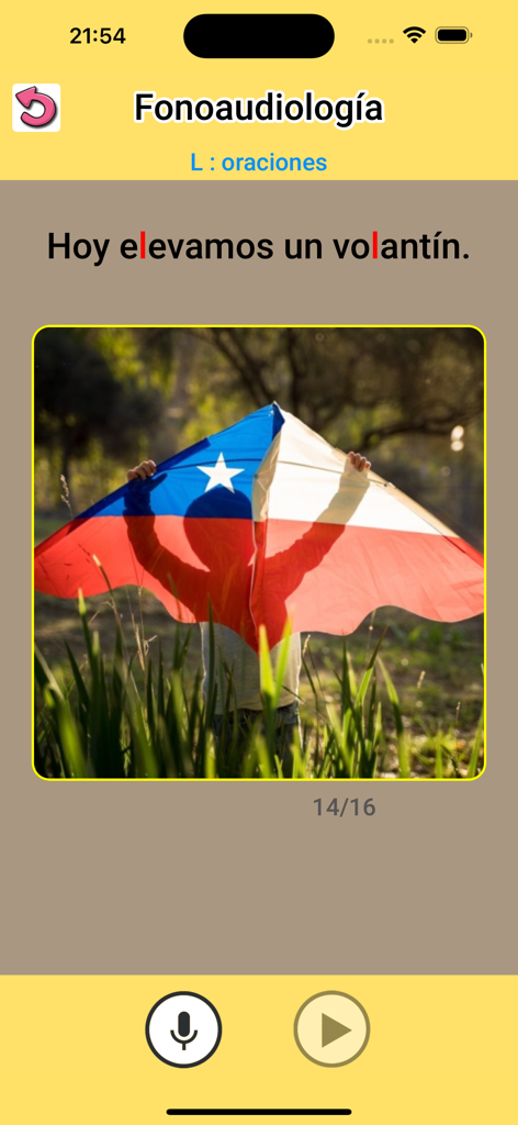 Fonoaudiología : ejercicios CL - Spanish speech therapy app screen showing a sentence exercise for the letter L