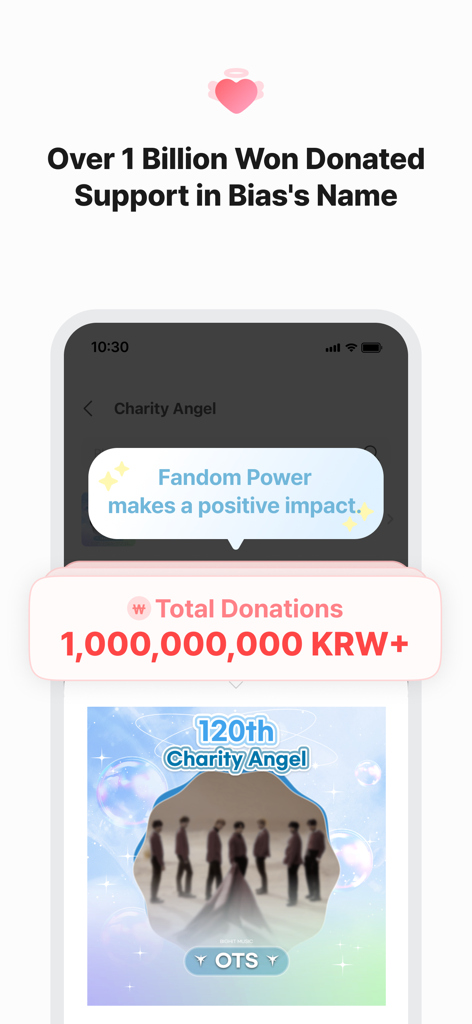 Kpop Idol Vote - CHOEAEDOL - CHOEAEDOL app screen showing over 1 billion won donated in K-pop idols names through fan voting and support