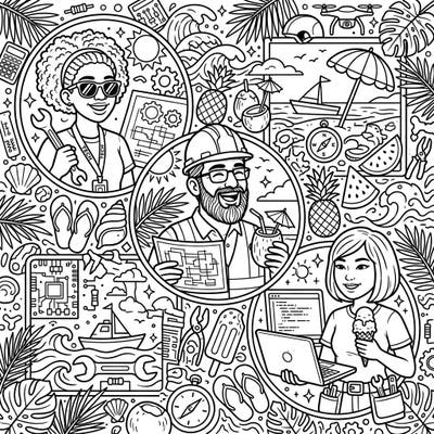 Celebrate the joy of summer and the brilliance of engineering with this unique coloring page! Dive into a world where innovative minds relax on sun-kissed beaches, ready for your creative touch.