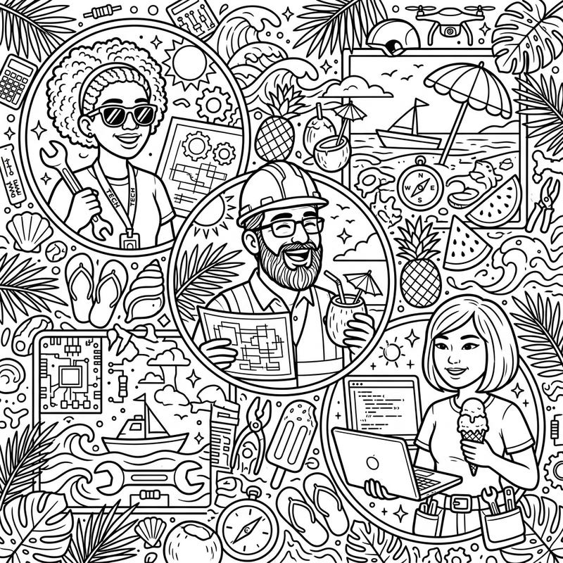 Celebrate the joy of summer and the brilliance of engineering with this unique coloring page! Dive into a world where innovative minds relax on sun-kissed beaches, ready for your creative touch.