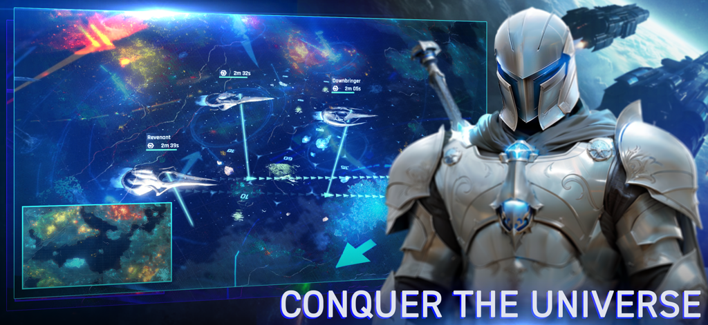 War of Nova - Sci-fi soldier in silver armor standing next to a tactical space combat map with spaceships and the text Conquer the Universe