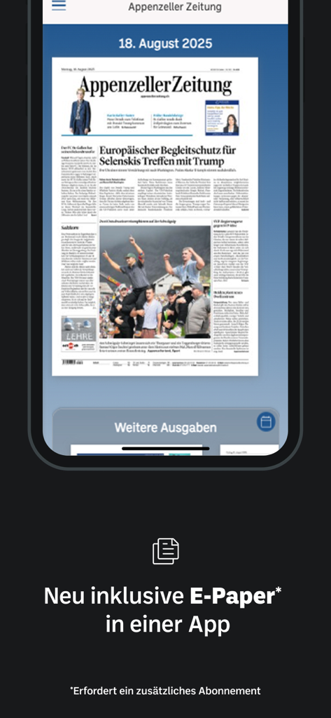 Appenzeller Zeitung - Pantalla de smartphone mostrando la edición digital de e-paper de la app de noticias Appenzeller Zeitung.