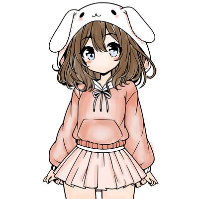 pretty anime girl wearing a fluffy hoodie with bunny ears on the hood and a skirt