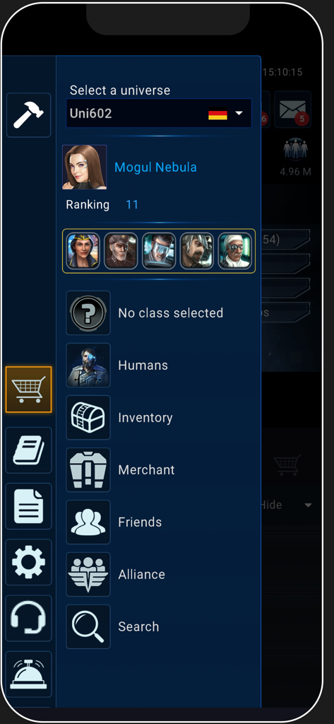 OGame - Menu di navigazione laterale nell'app OGame che mostra il profilo del giocatore Mogul Nebula e le opzioni di gestione del gioco