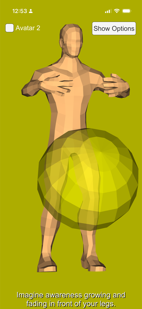 A neutral 3D avatar practicing Tai Chi with a translucent yellow awareness ball.