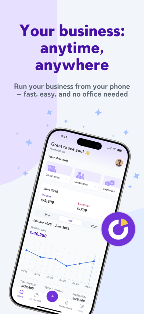 iCount - Business Management - iCount mobile app dashboard showing business income and expense tracking