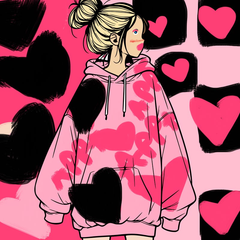 realistic girl with a oversized sweatshirt on and a bun