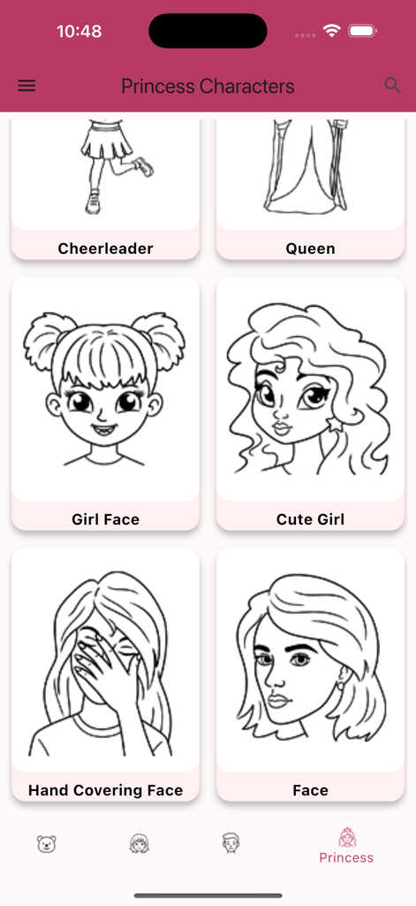 Learn Drawing - Step by Step - Interfaz de tutoriales de dibujo paso a paso de princesas y personajes femeninos