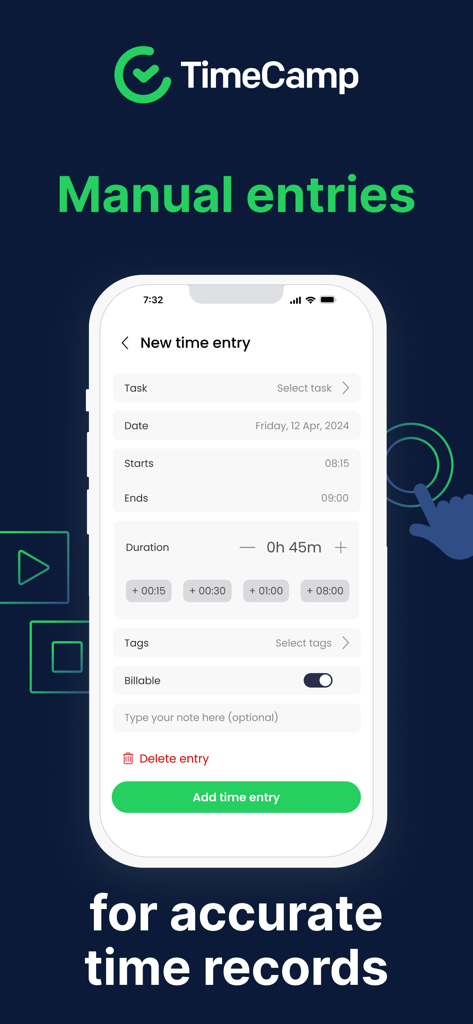 Interfaz de la aplicación TimeCamp mostrando la pantalla de entrada manual de tiempo para un seguimiento preciso de las horas facturables