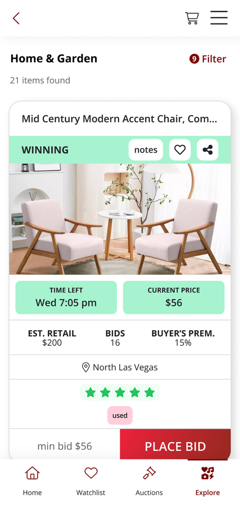 Nellis Auction - Una interfaz de aplicación móvil de Nellis Auction que muestra una pantalla de puja para una silla auxiliar de mediados de siglo moderno con un precio de cincuenta y seis dólares.